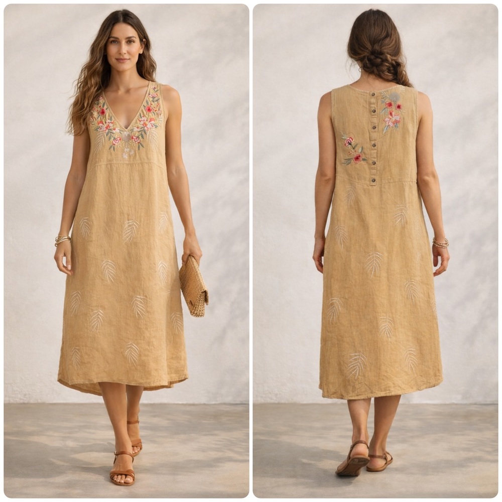 New! Johnny Was Caspian Embroidered Linen Midi Tank in Marigold 🌻 Medium